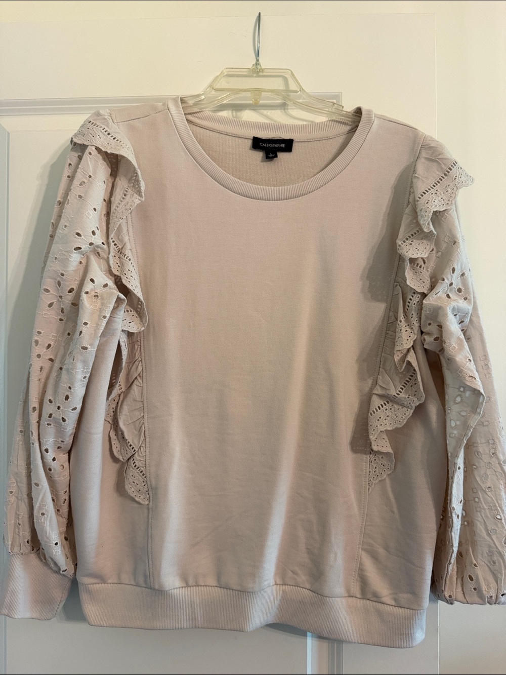 CALLIGRAPHIE  Cream Ruffle Eyelet Sleeve Sweatshirt Top